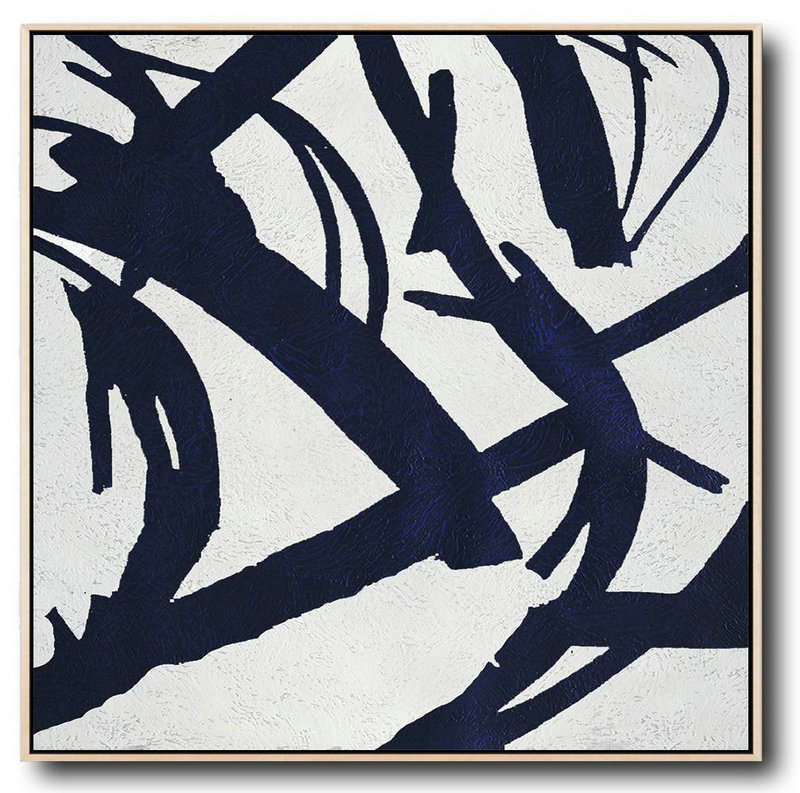 Extra Large Painting,Minimalist Navy Blue And White Painting,Acrylic Painting Large Wall Art